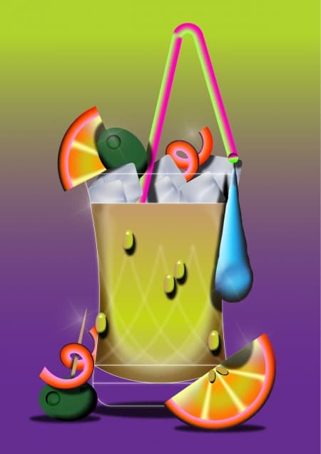 VibeTune concept artwork with drink, fruit, headphones, and music notes